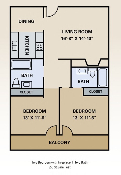 Floor plan for 2 beds, 2 baths, 955 sqft