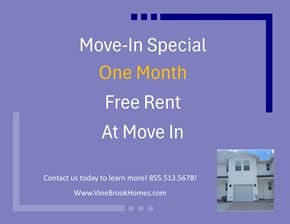 Pensacola townhouse for rent - A promotional image for a move-in special offering one month free rent at Vine Brook Homes.