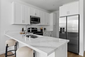 Spring Valley apartment for rent - A kitchen with white cabinets and a marble countertop.