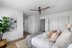 Spring Valley apartment for rent - A bedroom with a bed, a ceiling fan, and a plant.