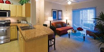 Austin apartment for rent - A kitchen with a red couch and a table with a vase of flowers on it.