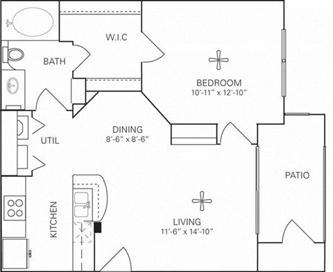Floor plan for 1 bed, 1 bath, 650 sqft