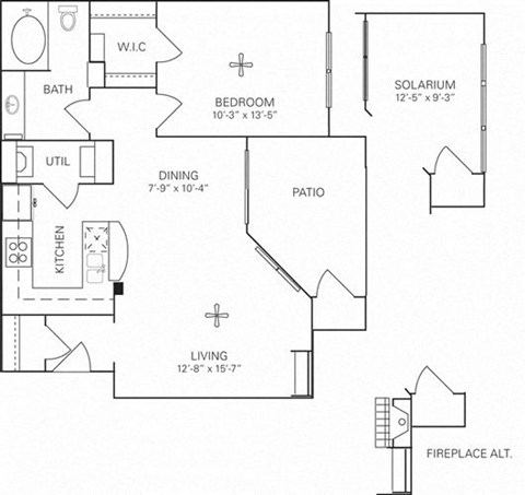 Floor plan for 1 bed, 1 bath, 732 sqft