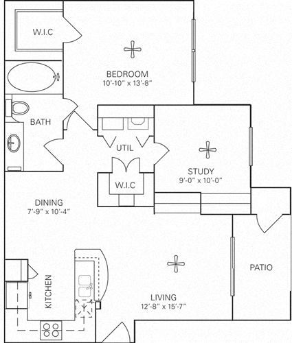 Floor plan for 1 bed, 1 bath, 850 sqft
