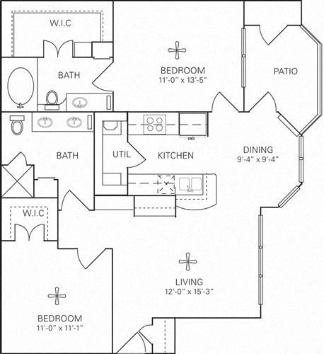 Floor plan for 2 beds, 2 baths, 970 sqft