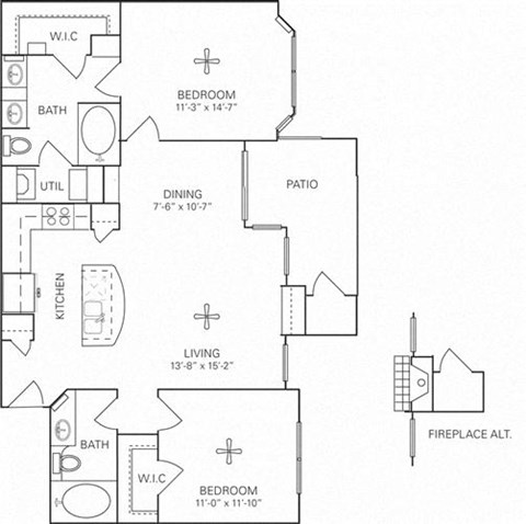 Floor plan for 2 beds, 2 baths, 1073 sqft