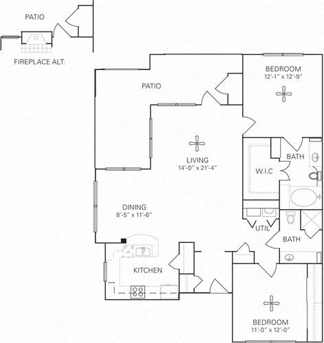 Floor plan for 2 beds, 2 baths, 1200 sqft