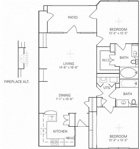 Floor plan for 2 beds, 2 baths, 1150 sqft