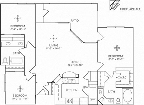 Floor plan for 3 beds, 2 baths, 1315 sqft