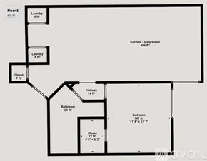 Rockwall condo for rent - A floor plan of a house with a laundry room, closet, bathroom, and bedroom.