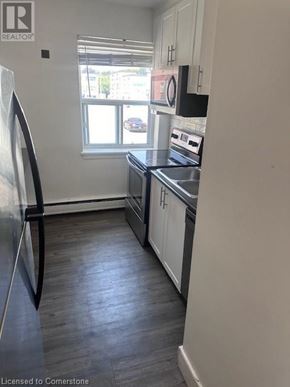 Dundas apartment for rent - A kitchen with a fridge on the left and a window in the middle.