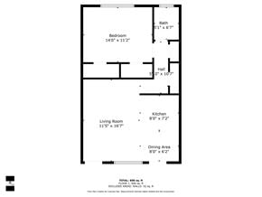 Bay Harbor apartment for rent - A black and white image of a floor plan for a home with a living room, dining area, kitchen, bath, and two bedrooms.