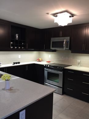 Oshawa apartment for rent - A kitchen with black cabinets and a stainless steel oven.