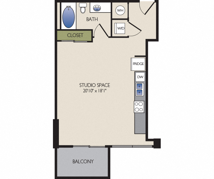 Floor plan for studio, 1 bath, 573 sqft