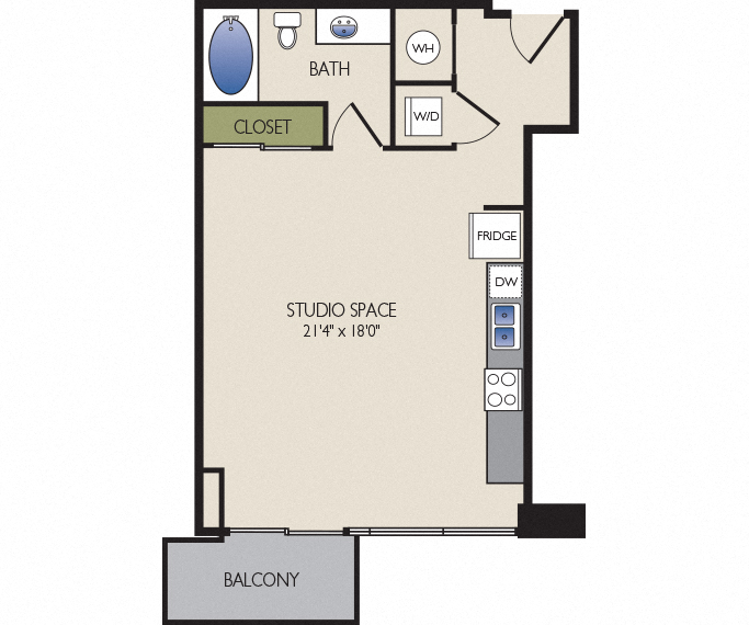 Floor plan for studio, 1 bath, 617 sqft