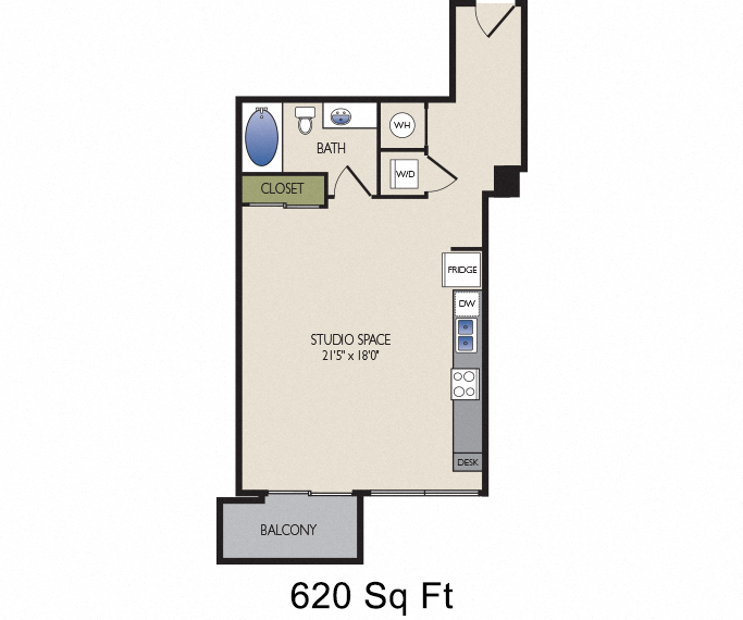 Floor plan for studio, 1 bath, 620 sqft