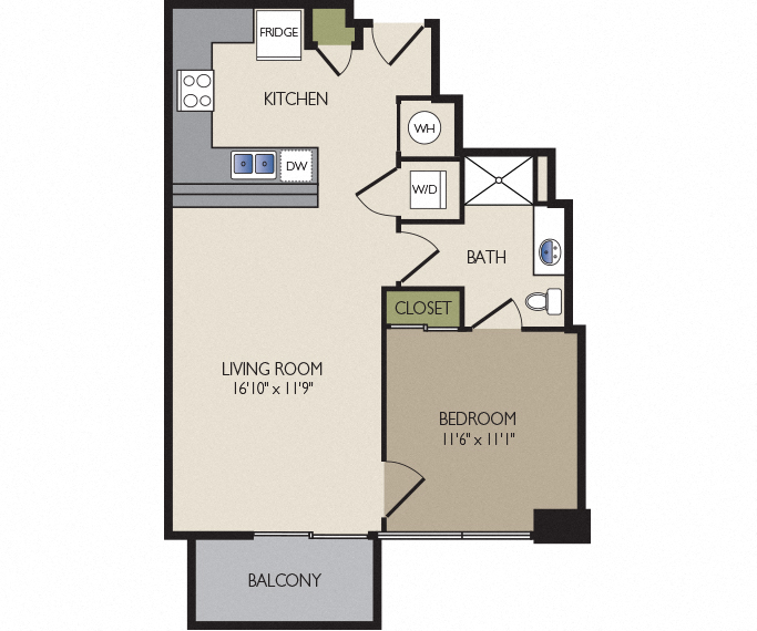 Floor plan for 1 bed, 1 bath, 681 sqft