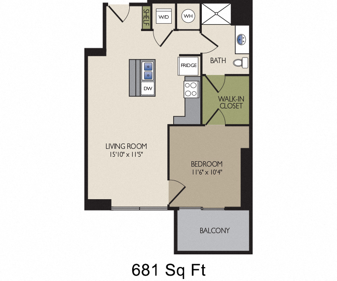 Floor plan for 1 bed, 1 bath, 681 sqft