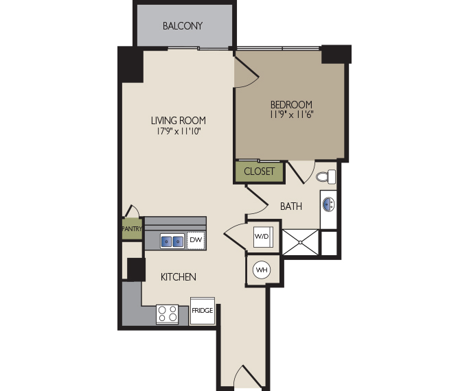 Floor plan for 1 bed, 1 bath, 702 sqft