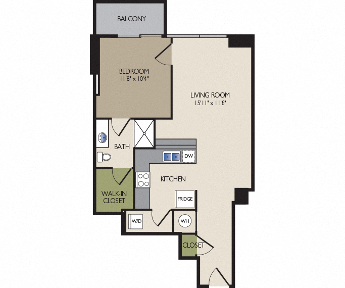 Floor plan for 1 bed, 1 bath, 723 sqft