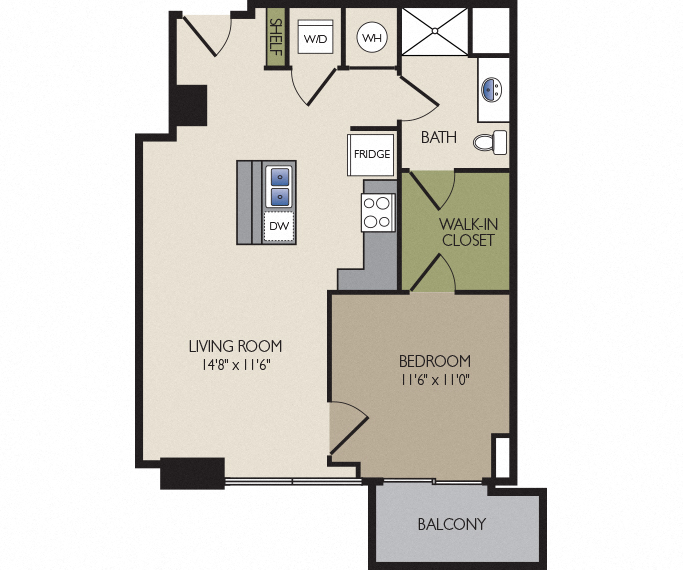 Floor plan for 1 bed, 1 bath, 724 sqft