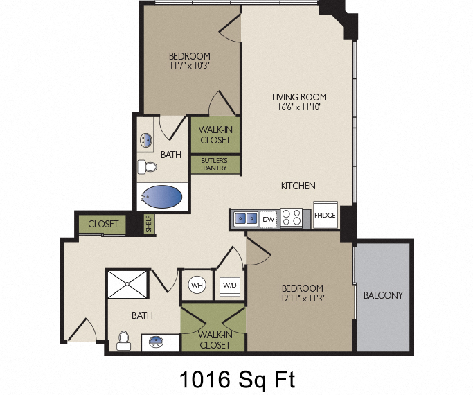 Floor plan for 2 beds, 2 baths, 1016 sqft