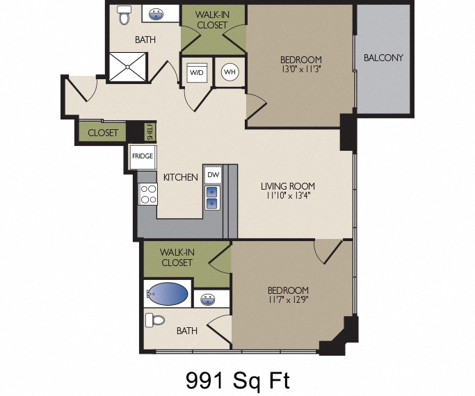 Floor plan for 2 beds, 2 baths, 991 sqft