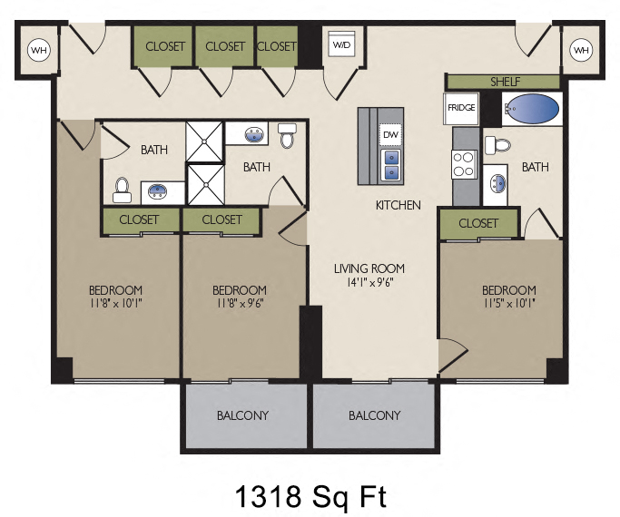 Floor plan for 3 beds, 3 baths, 1412 sqft
