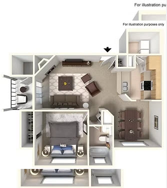 Floor plan for 1 bed, 1 bath, 710 sqft