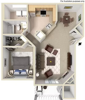 Floor plan for 1 bed, 1 bath, 811 sqft