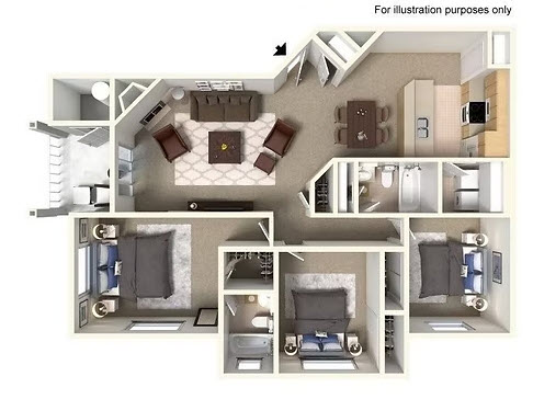 Floor plan for 3 beds, 2 baths, 1202 sqft