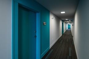 Halifax apartment for rent - A long hallway with blue doors and wood flooring.