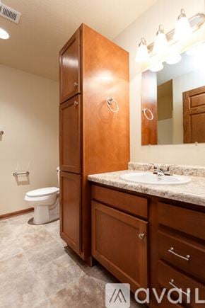 Summerset apartment for rent - A wooden medicine cabinet with a toilet and sink in a bathroom.