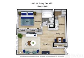 Chicago apartment for rent - A floor plan of a 1 bedroom apartment with a living area, dining area, kitchen, and bathroom.