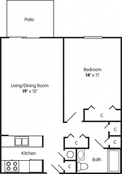 Floor plan for 1 bed, 1 bath, 645 sqft
