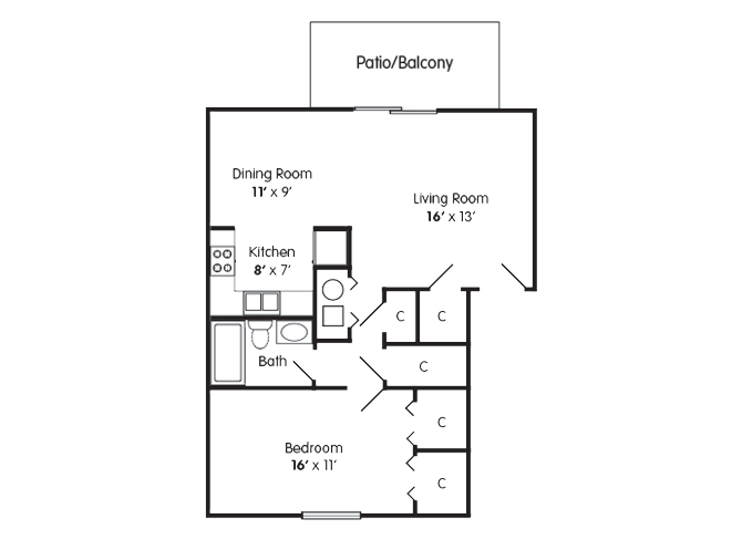 Floor plan for 1 bed, 1 bath, 710 sqft