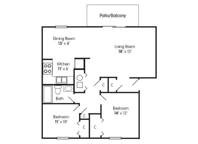 Floor plan for 2 beds, 1 bath, 860 sqft