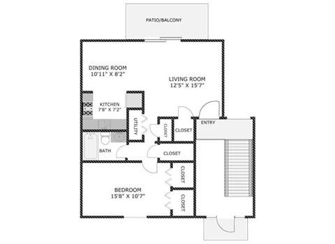 Floor plan for 1 bed, 1 bath, 800 sqft
