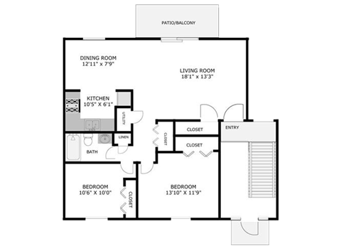 Floor plan for 2 beds, 1 bath, 900 sqft