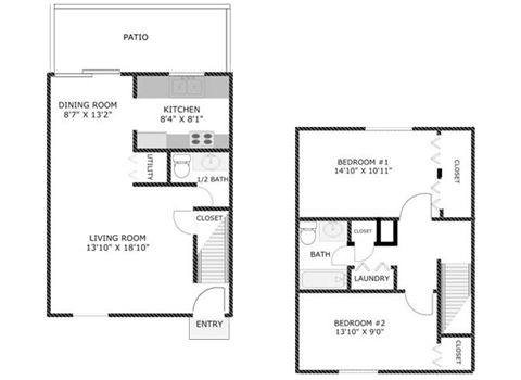 Floor plan for 2 beds, 1.5 baths, 1000 sqft