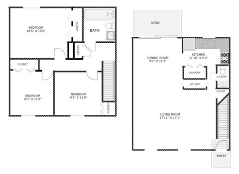 Floor plan for 3 beds, 1.5 baths, 1100 sqft