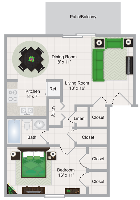 Floor plan for 1 bed, 1 bath, 750 sqft