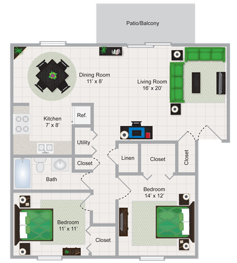 Floor plan for 2 beds, 1 bath, 860 sqft