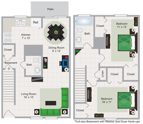 Floor plan for 2 beds, 1.5 baths, 920 sqft