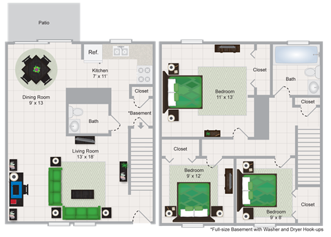 Floor plan for 3 beds, 1.5 baths, 1260 sqft