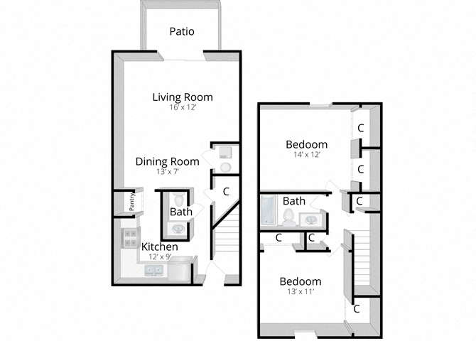 Floor plan for 2 beds, 1.5 baths, 1000 sqft