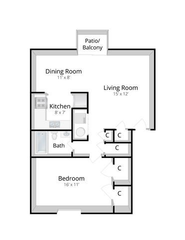 Floor plan for 1 bed, 1 bath, 750 sqft