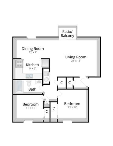 Floor plan for 2 beds, 1 bath, 860 sqft