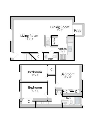 Floor plan for 3 beds, 1.5 baths