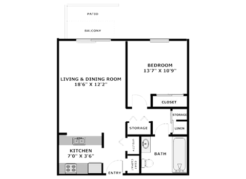 Floor plan for 1 bed, 1 bath, 620 sqft